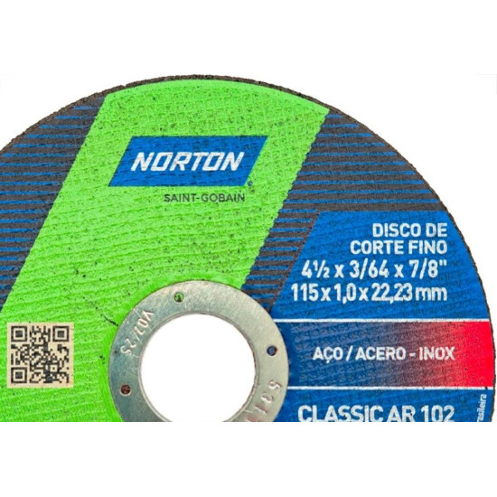 Disco Aco Inox Norton Classic Ar 102 - 4.1/2''X3/64''X7/8'' - Fino 1,0Mm Disco Aco Inox Norton Classic Ar 102 - 4.1/2''X3/64''X7/8'' - Fino 1,0Mm