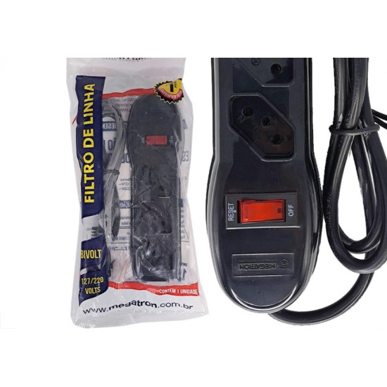 Filtro Linha Megatron 3 Tomadas 2 Polos + Terra Preto Filtro Linha Megatron 3 Tomadas 2 Polos + Terra Preto