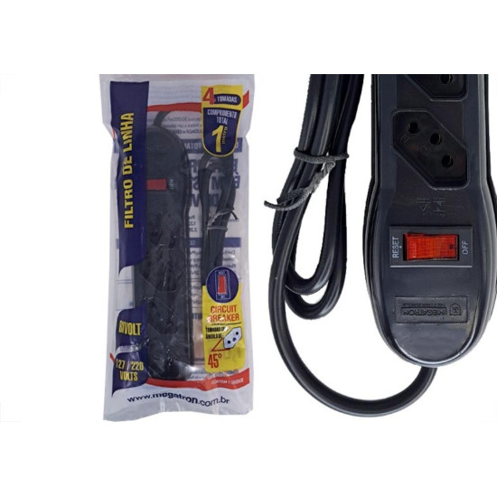 Filtro Linha Megatron 4 Tomadas 2 Polos + Terra Preto Filtro Linha Megatron 4 Tomadas 2 Polos + Terra Preto