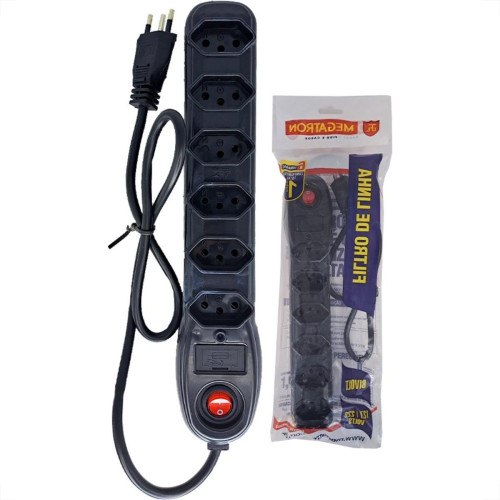 Filtro Linha Megatron 6 Tomadas 2 Polos + Terra Preto Filtro Linha Megatron 6 Tomadas 2 Polos + Terra Preto