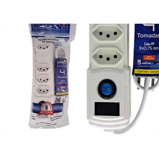 Filtro Linha Naticon 4 Tomadas 2P+T Branco Filtro Linha Naticon 4 Tomadas 2P+T Branco
