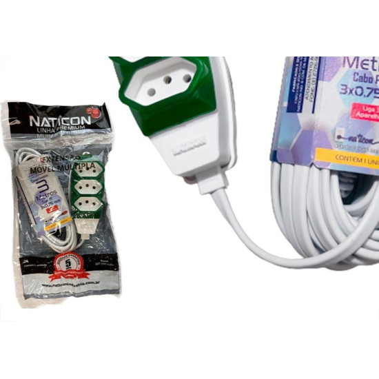 Extensao Naticon Pp 2 Polos + Terra 0,75Mm Branca - 3M Extensao Naticon Pp 2 Polos + Terra 0,75Mm Branca - 3M