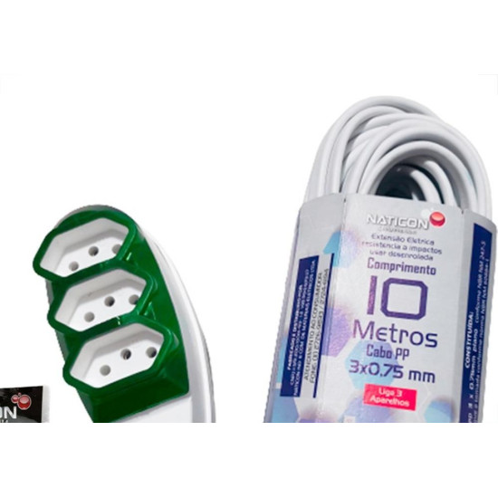 Extensao Naticon Pp 2 Polos + Terra 0,75Mm Branca -10M Extensao Naticon Pp 2 Polos + Terra 0,75Mm Branca -10M