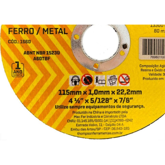 Disco Corte Ferro Thompson 4.1/2''X5/128''X7/8'' - Fino 1,0Mm - 1660 - Kit C/10 Pecas Disco Corte Ferro Thompson 4.1/2''X5/128''X7/8'' - Fino 1,0Mm - 1660 - Kit C/10 Pecas