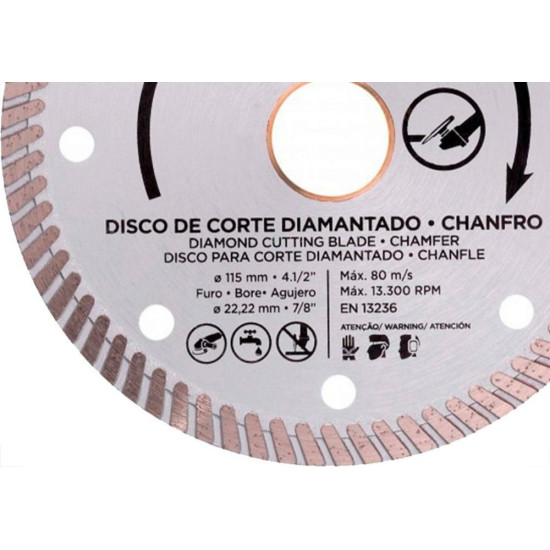 Disco Diamantado Cortag Turbo Chanfro 45º - 115Mm X 22,2Mm Para Esmerilhadeira - 61907