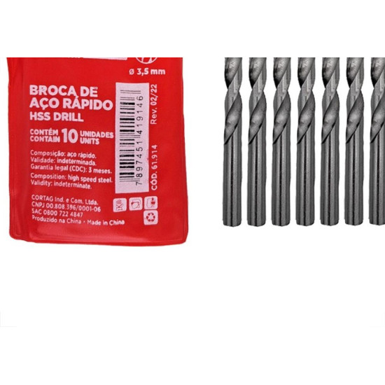 Broca Aco Rapido Cortag 3,5Mm - 61914 - Kit C/10 Pecas Broca Aco Rapido Cortag 3,5Mm - 61914 - Kit C/10 Pecas