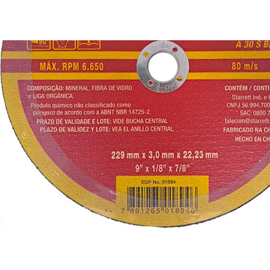 Disco Corte Ferro Starrett 9''X1/8''X7/8'' - Kit C/6 Pecas Disco Corte Ferro Starrett 9''X1/8''X7/8'' - Kit C/6 Pecas