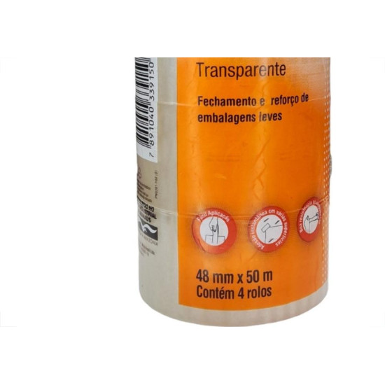 Fita Adesiva Embalagem 3M Transparente 48Mm X 50M - Kit C/4 Pecas