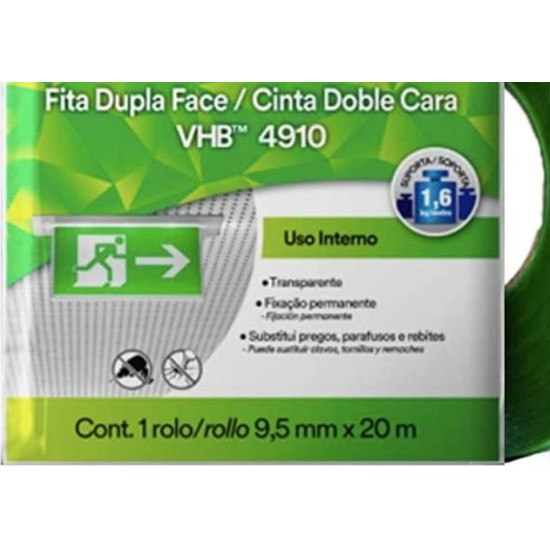 Fita Dupla Face 3M Vhb 4910 9,5Mm X 20M Transparente Interna Fixacao Permanente