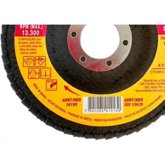 Disco Flap Starrett 4.1/2'' X 7/8''- Grao 100 Disco Flap Starrett 4.1/2'' X 7/8''- Grao 100
