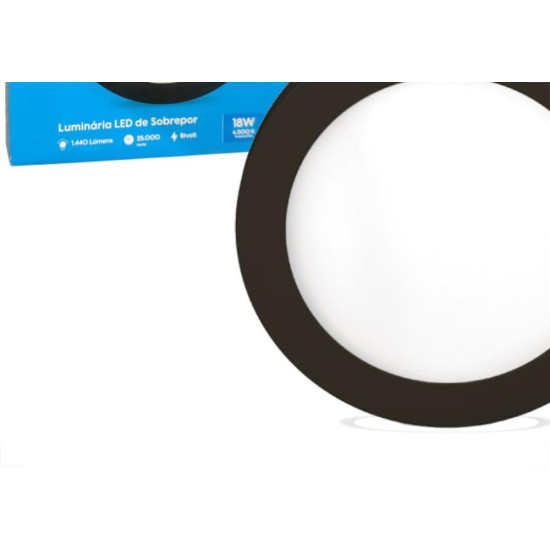 Plafon Led Sobrepor Elgin Redondo 18W. 1440Lm. 6500K. Bivolt Preto
