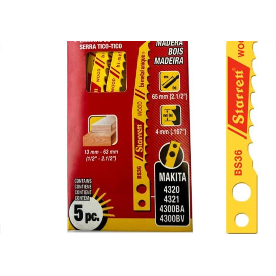 Serra Tico-Tico Lamina Starrett Madeira Bi-Metal Com 5 Pecas Makita Bs36 - 65Mm - 6T