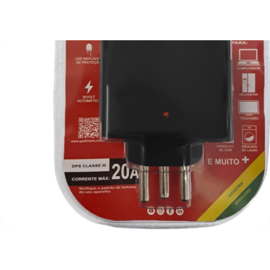 Plug Protetor De Tensao Qualitronix 2 Polos + Terra 20A. Preto Plug Protetor De Tensao Qualitronix 2 Polos + Terra 20A. Preto