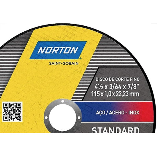 Disco Aco Inox Norton Standart - 4.1/2''X1,0''X7/8'' - Fino Disco Aco Inox Norton Standart - 4.1/2''X1,0''X7/8'' - Fino