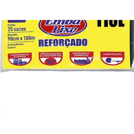 Saco De Lixo Embalixo Reforcado 110L - 90X100Cm Preto Pacote Com 25 Sacos