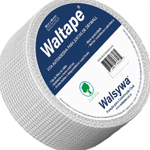 Fita Telada Walsywa Waltape Fibra De Vidro Para Juntas De Drywall E Trincas Autoadesiva 48Mm X 90M - 560023
