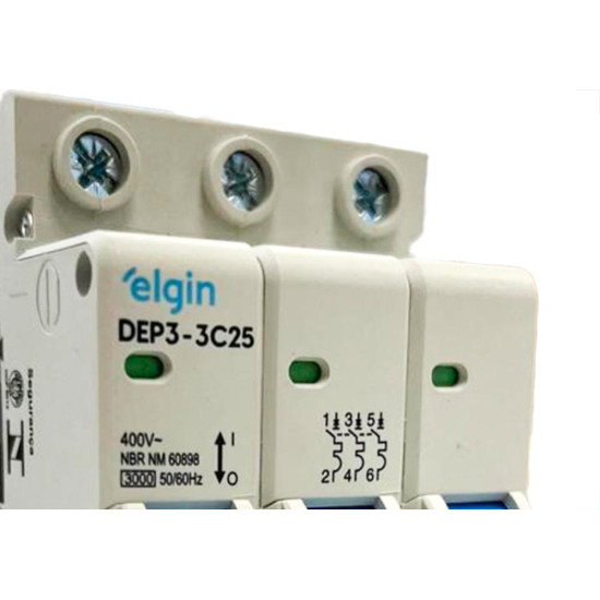 Disjuntor Elgin ''Din'' Tripolar Dep3-3C25 - 25A. Disjuntor Elgin ''Din'' Tripolar Dep3-3C25 - 25A.