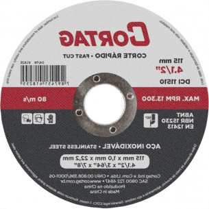 Disco Aco Inox Cortag 4.1/2''X3/64''X7/8'' - Fino 1,0Mm - Kit C/25 Pecas