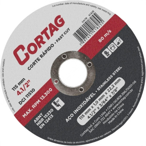 Disco Aco Inox Cortag 4.1/2''X3/64''X7/8'' - Fino 1,0Mm - Kit C/25 Pecas