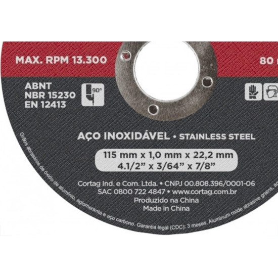 Disco Aco Inox Cortag 4.1/2''X3/64''X7/8'' - Fino 1,0Mm - Kit C/25 Pecas