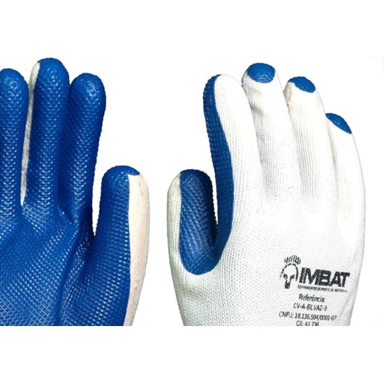 Luva Malha Imbat Palma Emborrachada Azul 9 - G - Kit C/12 Pecas
