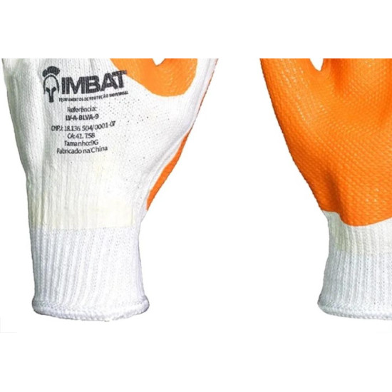 Luva Malha Imbat Palma Emborrachada Laranja Vulcanizado 10 - Gg - Kit C/12 Pecas