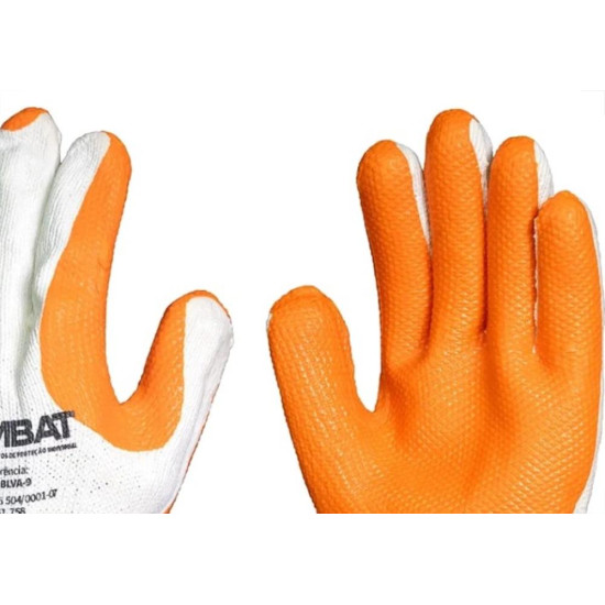 Luva Malha Imbat Palma Emborrachada Laranja Vulcanizado 10 - Gg - Kit C/12 Pecas