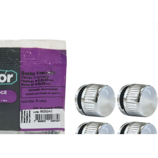 Botao Frances Sforplast Zamac Cromado Com Bucha Parafuso Cartela Com 4 Pecas