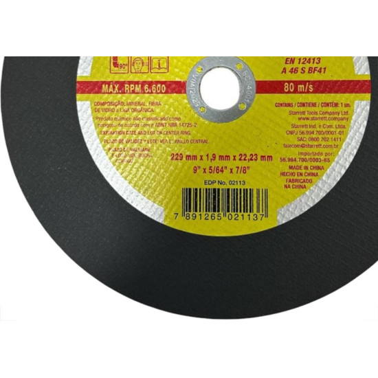 Disco Corte Aco Inox Starrett 9''X5/64''X7/8'' - Fino 1,9Mm - Dac230-24 - Kit C/6 Pecas