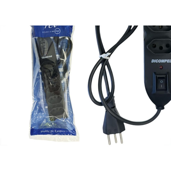 Filtro Linha Dicompel 5 Tomadas 2P+T. Preto 10A. Com Chave Liga Desliga Bivolt - Dc-605/13