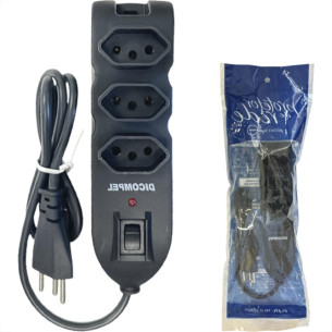 Filtro Linha Dicompel 3 Tomadas 2P+T. Preto 10A. Com Chave Liga Desliga Bivolt - Dc-605/9