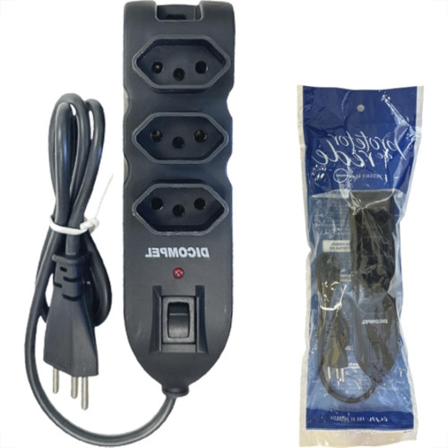 Filtro Linha Dicompel 3 Tomadas 2P+T. Preto 10A. Com Chave Liga Desliga Bivolt - Dc-605/9