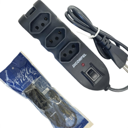 Filtro Linha Dicompel 3 Tomadas 2P+T. Preto 10A. Com Chave Liga Desliga Bivolt - Dc-605/9