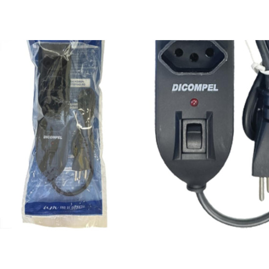 Filtro Linha Dicompel 3 Tomadas 2P+T. Preto 10A. Com Chave Liga Desliga Bivolt - Dc-605/9