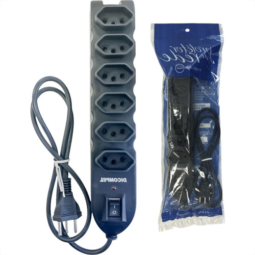 Filtro Linha Dicompel 6 Tomadas 2P+T. Preto 10A. Com Chave Liga Des Liga Bivolt - Dc-605/15
