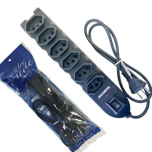 Filtro Linha Dicompel 6 Tomadas 2P+T. Preto 10A. Com Chave Liga Des Liga Bivolt - Dc-605/15