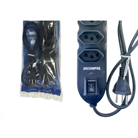 Filtro Linha Dicompel 6 Tomadas 2P+T. Preto 10A. Com Chave Liga Des Liga Bivolt - Dc-605/15