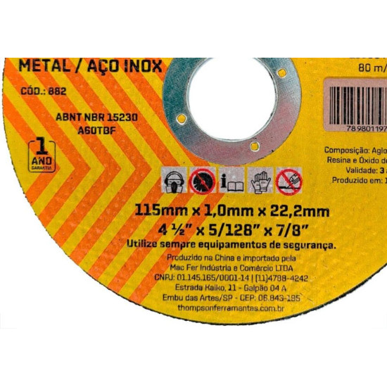 Disco Aco Inox Thompson - 4.1/2''X5/128''X7/8'' - Fino 1,0Mm - Kit C/10 Pecas Disco Aco Inox Thompson - 4.1/2''X5/128''X7/8'' - Fino 1,0Mm - Kit C/10 Pecas