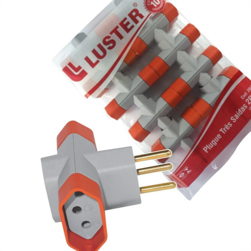 Pino 3 Saidas Luster 2 Polos+Terra 10A. Cinza/Laranja - 2043 - Kit C/10 Pecas Pino 3 Saidas Luster 2 Polos+Terra 10A. Cinza/Laranja - 2043 - Kit C/10 Pecas