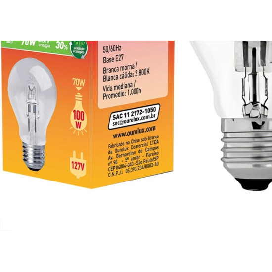 Lampada Halogena A-60 Ourolux 70W. E-27 127V.