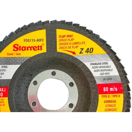 Disco Flap Starrett 4.1/2'' X 7/8''- Grao 40 Disco Flap Starrett 4.1/2'' X 7/8''- Grao 40