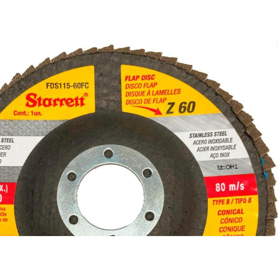 Disco Flap Starrett 4.1/2'' X 7/8''- Grao 60 Disco Flap Starrett 4.1/2'' X 7/8''- Grao 60