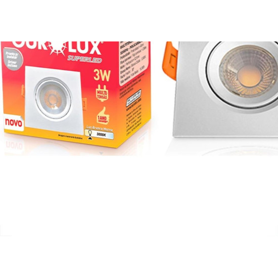 Spot Com Lampada Dicroica Led Ourolux 3W. Quadrado Branco 230Lm 3000K