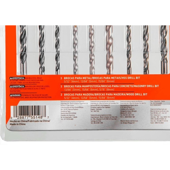 Broca Kit Black+Decker Com 9 Pecas (Concreto 5/6/8Mm)-(Aco Rapido 4/5/6Mm)-(Madeira 4/5/6Mm)