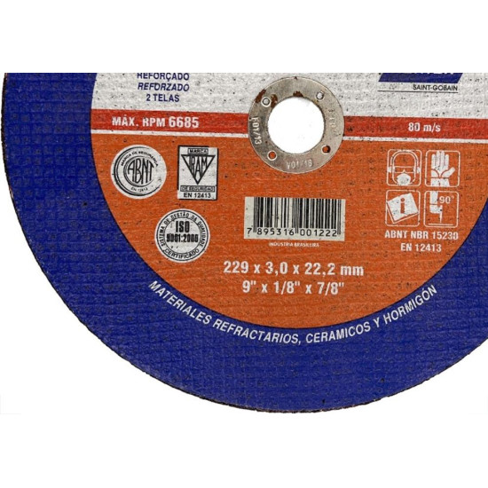 Disco Corte Refratario Norton 9''X1/8''X7/8''- 2 Telas
