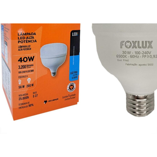 Lampada Led Alta Potencia Foxlux 40W. 3.600Lm Bivolt 6500K.
