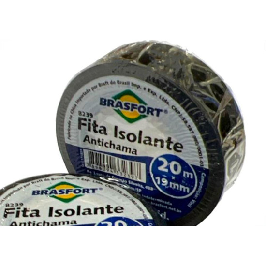 Fita Isolante Brasfort 20M Preta Antichama - 8239 - Kit C/10 Pecas