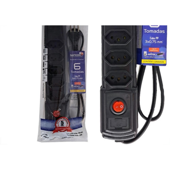 Filtro Linha Naticon 6 Tomadas 2P+T Preto Filtro Linha Naticon 6 Tomadas 2P+T Preto