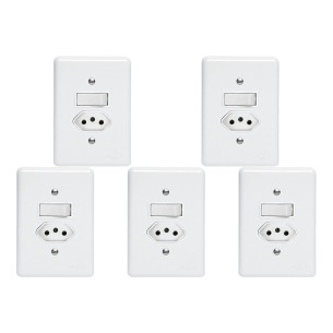 Kit C/5 - Conjunto Perlex''Branca''Com Placa(1Simples+Tomada  ..