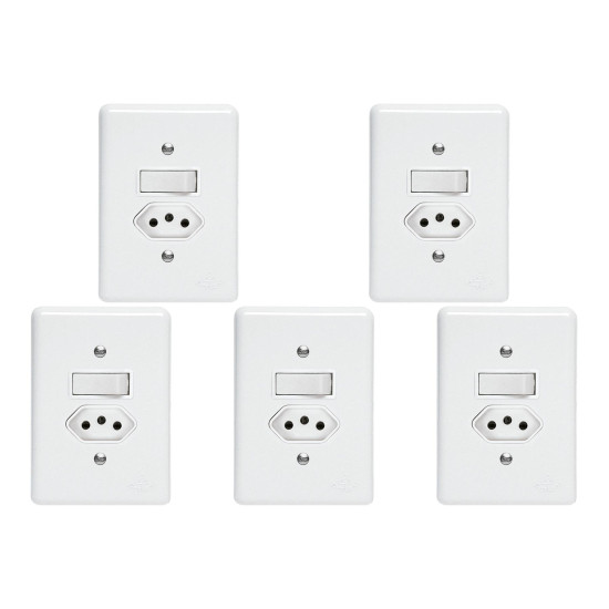 Kit C/5 - Conjunto Perlex''Branca''Com Placa(1Simples+Tomada  ..